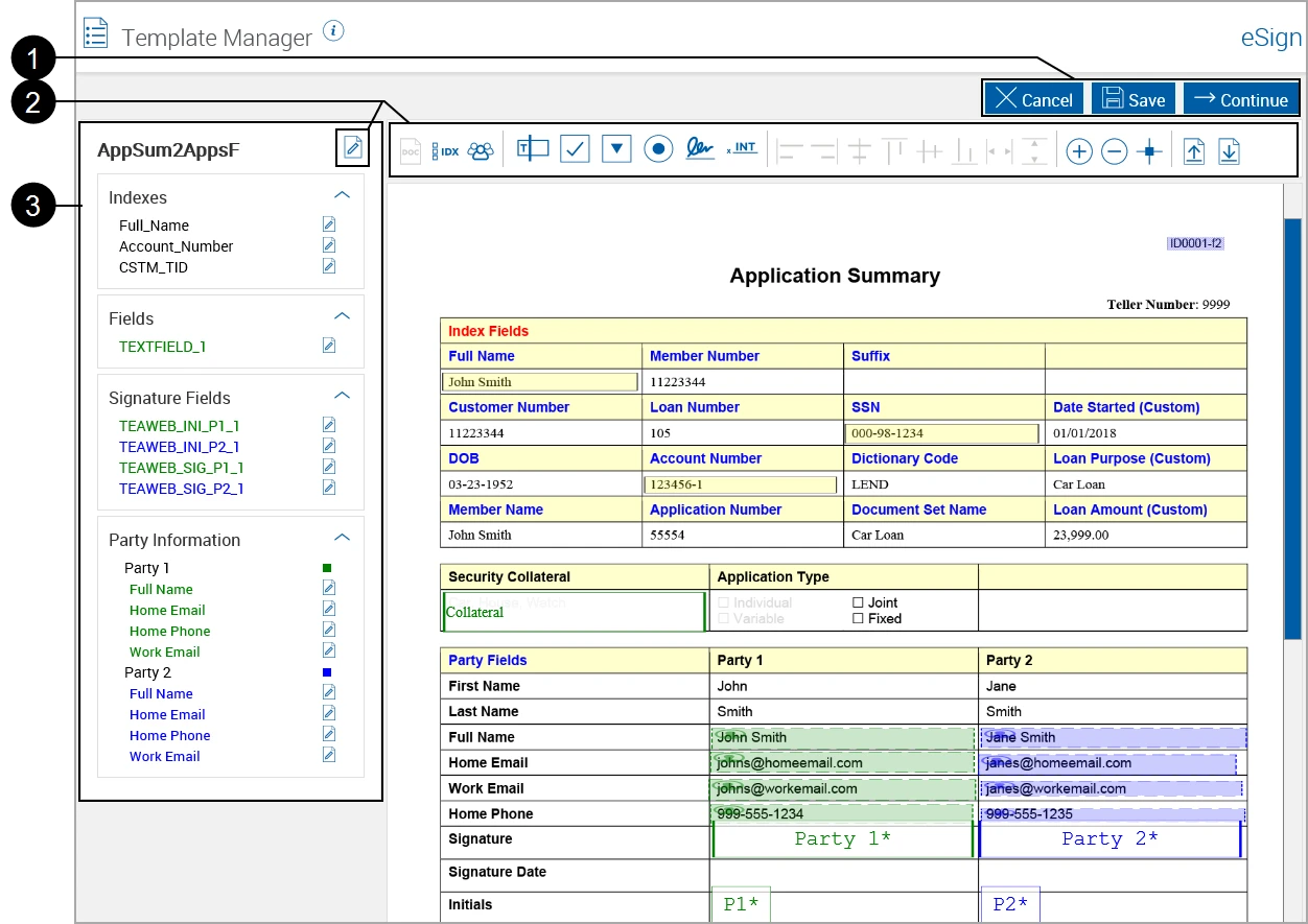 The legacy Template Manager, annotated 1 to 3: an Application Summary form with a left panel listing indexes, fields, signature fields and party information, a toolbar of unlabeled icons above the document, and Cancel, Save and Continue buttons in the top right.