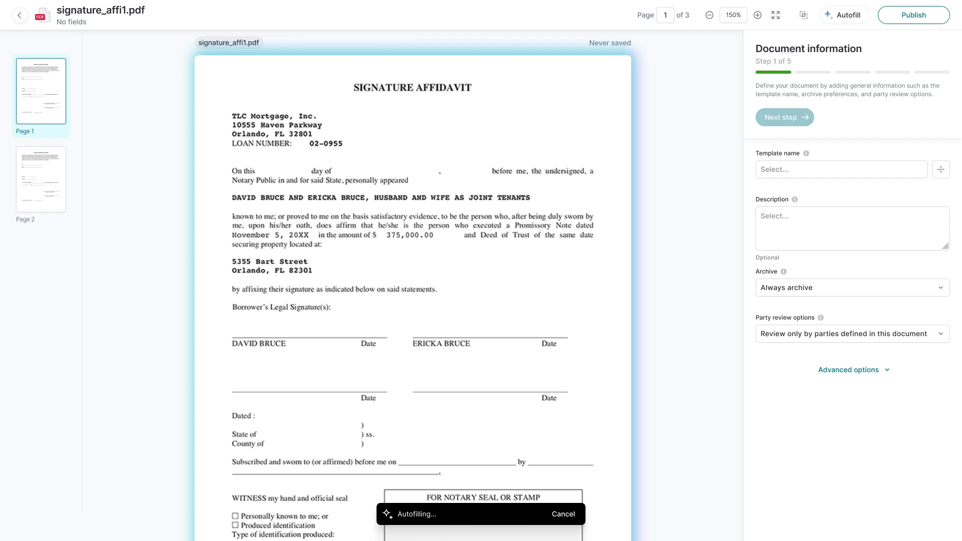 The same document with an Autofilling toast, the Document information step open on the right.
