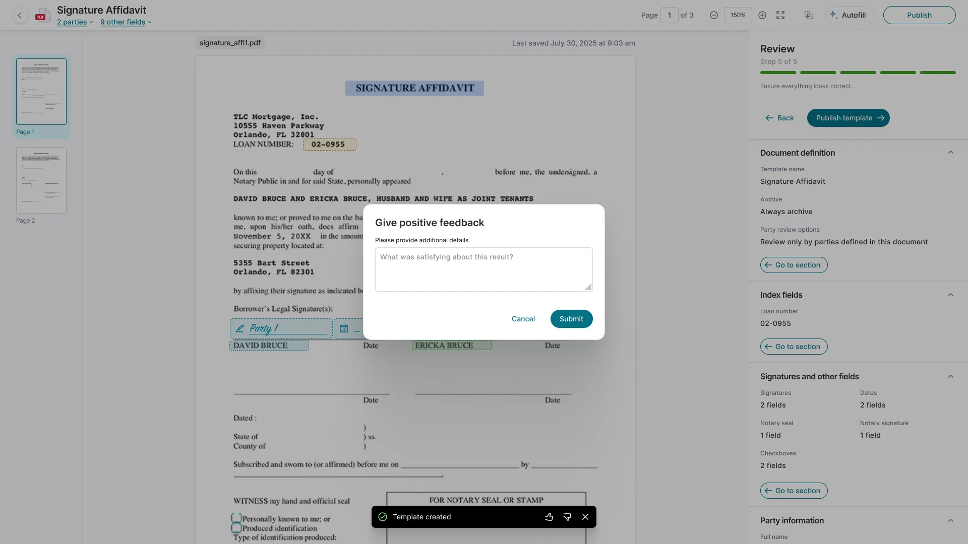 A Give positive feedback dialog over the created template, asking what was satisfying about the result, with Cancel and Submit.
