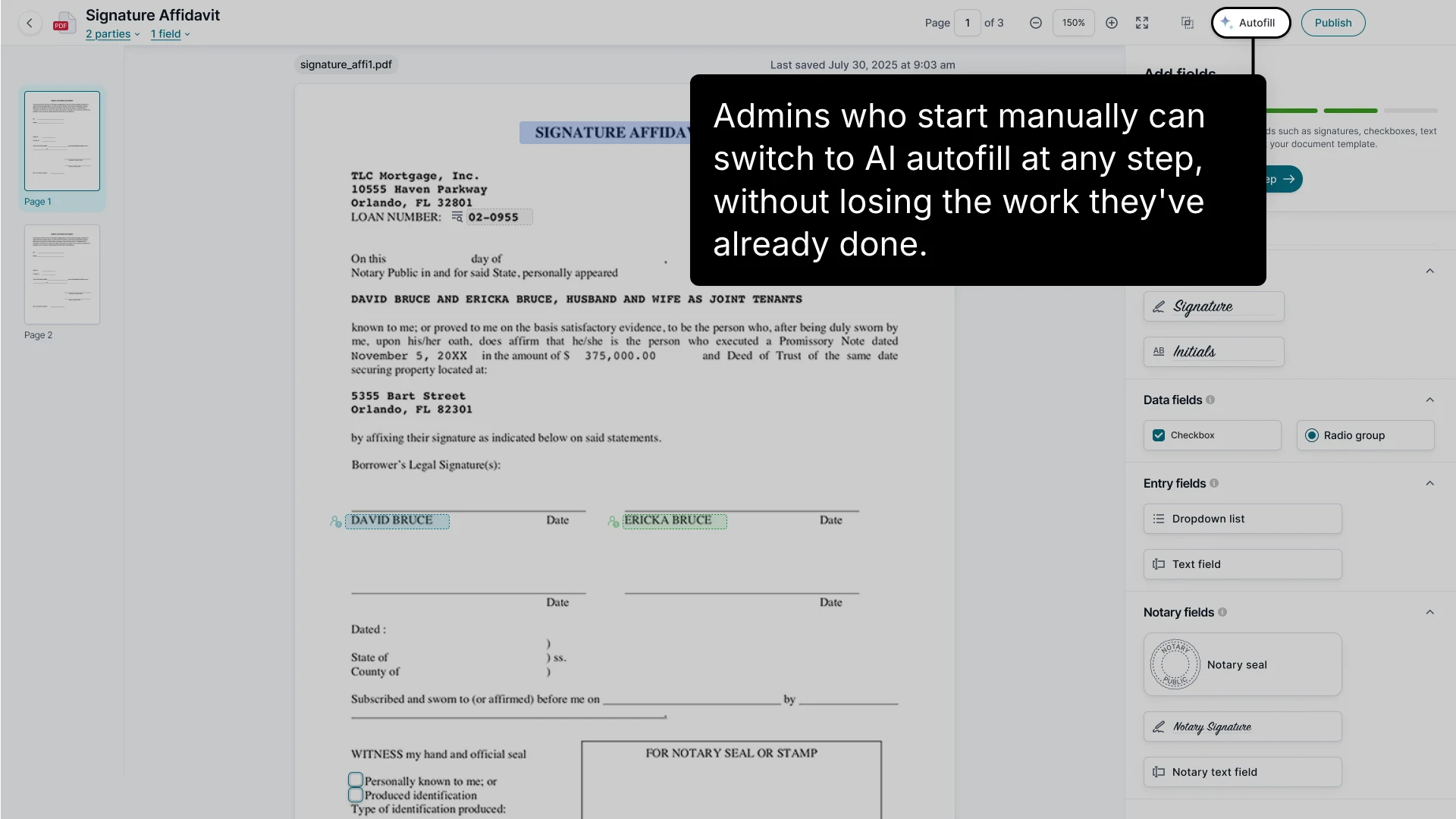 The Add fields step with the Autofill button in the toolbar highlighted, annotated: admins who start manually can switch to AI autofill at any step, without losing the work they've already done.