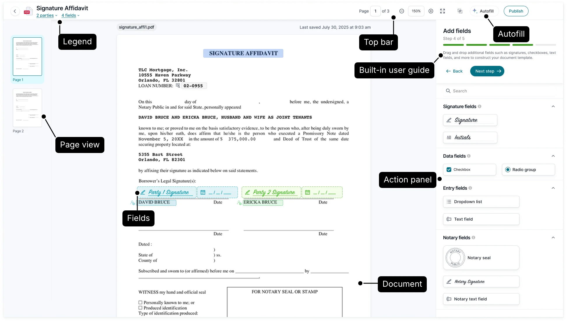 The Add fields screen with eight labels: Legend on the parties and fields count under the template name, Top bar, Autofill on its button, Built-in user guide on the top of the right-hand panel, Page view on the thumbnails, Fields on a party's signature field, Action panel, and Document.