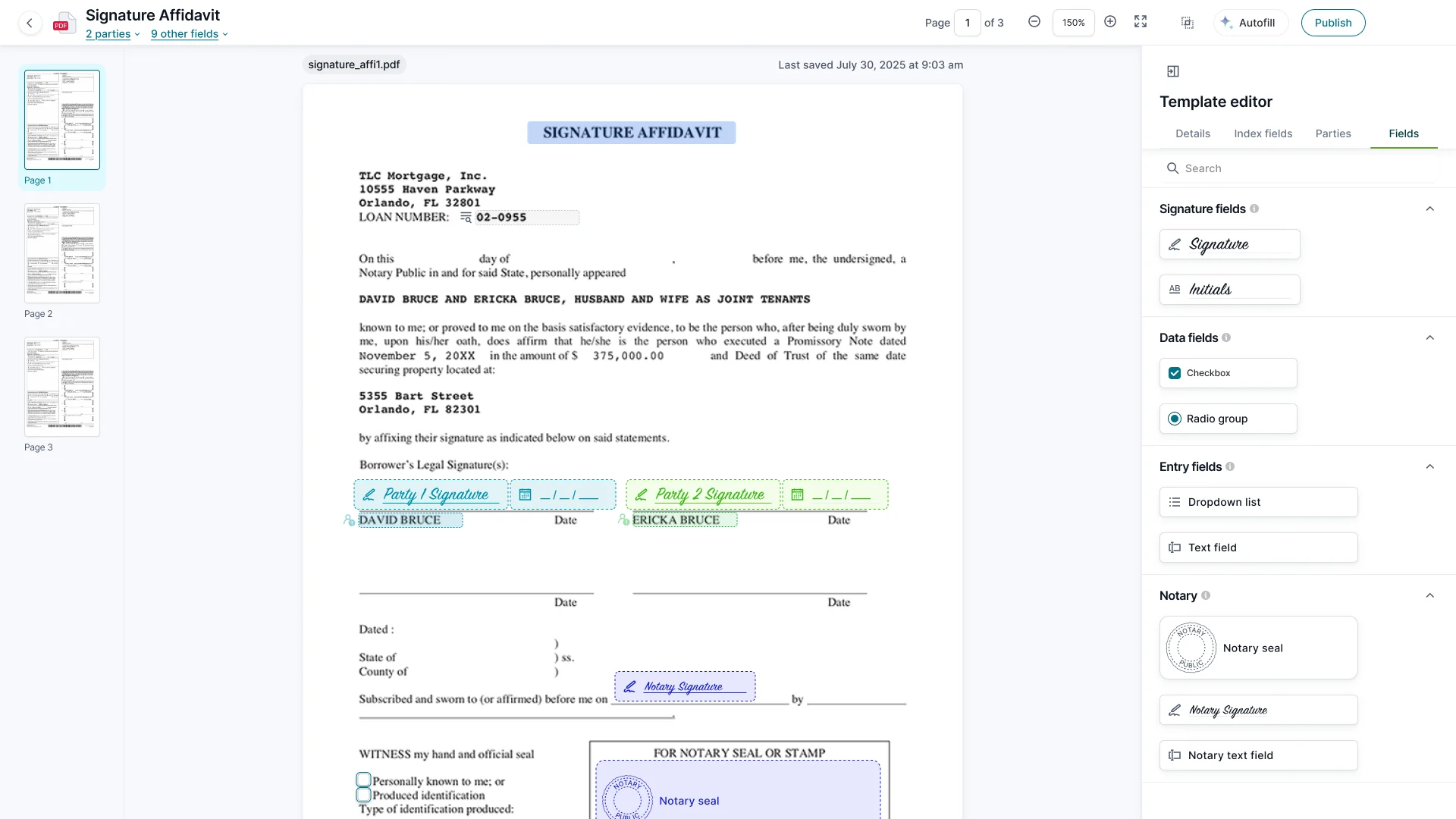 A saved template open in the Template editor, with Details, Index fields, Parties and Fields tabs and the Fields tab selected.