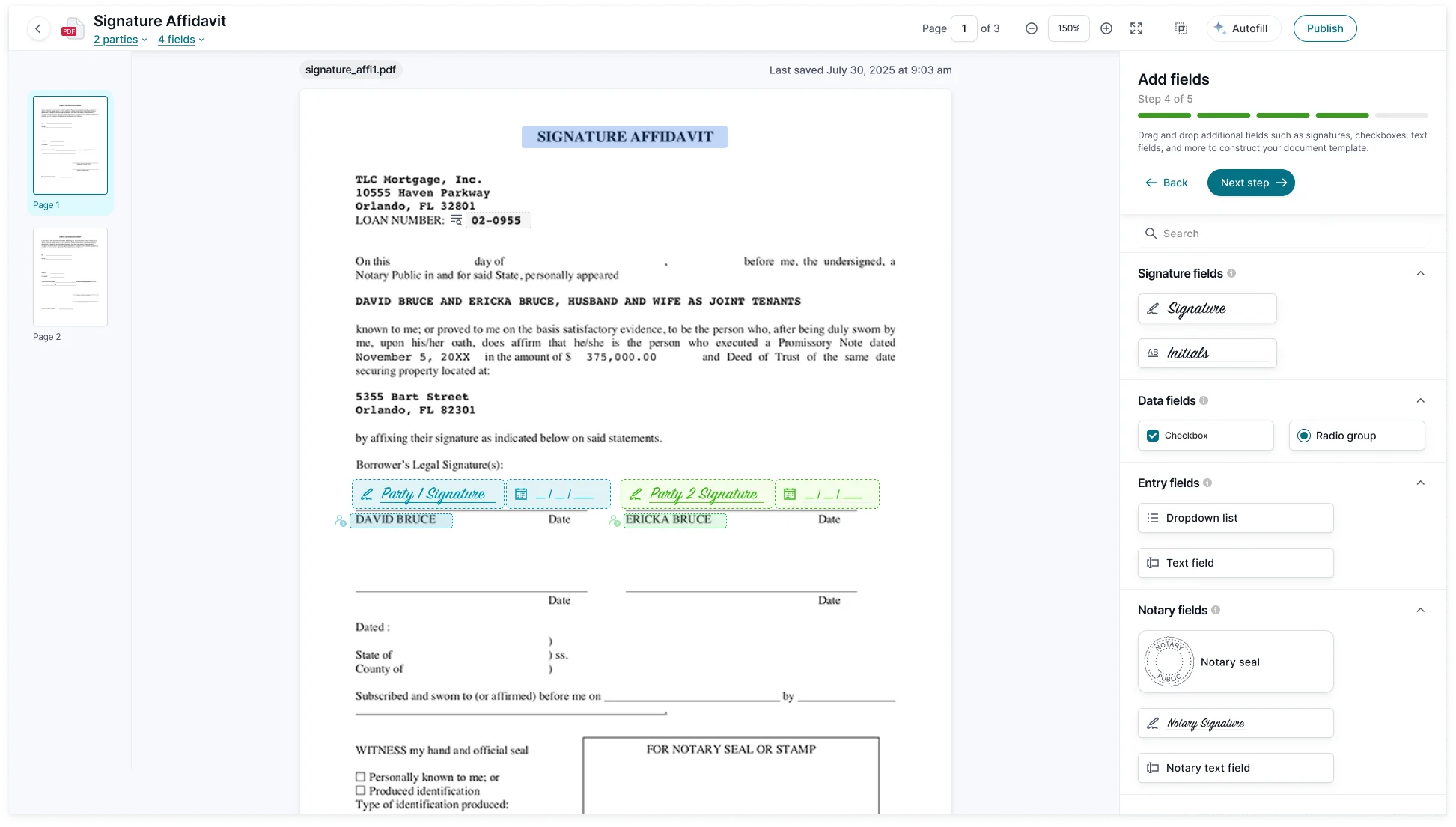 The Add fields step, 4 of 5: the document with Party 1 and Party 2 signature and date fields placed in blue and green, beside a palette of signature, data, entry and notary fields.