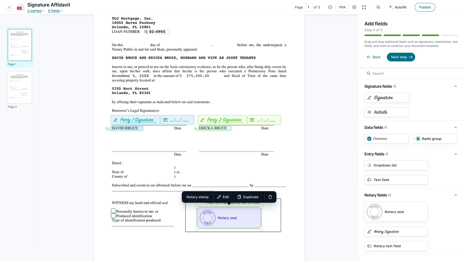 The notary seal placed in the document's seal box, selected, with a toolbar offering Edit, Duplicate and Delete.