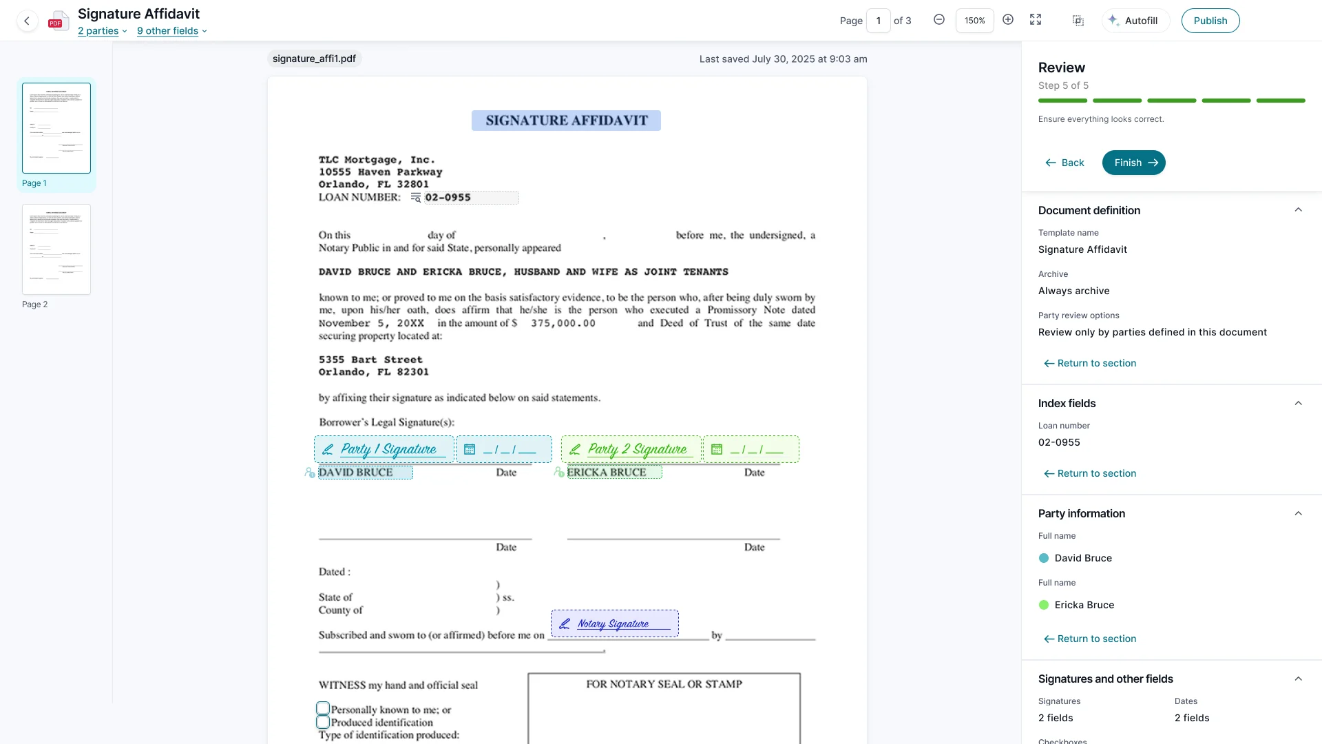 The Review step, 5 of 5: panels summarising the document definition, index fields, party information and signatures and other fields, each with a Return to section link, and a Finish button.