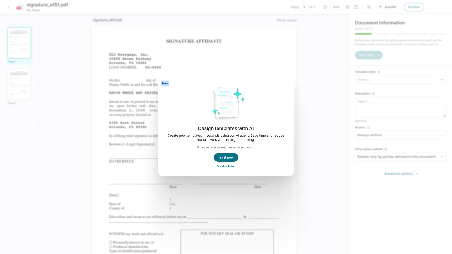 A freshly uploaded Signature Affidavit with a Design templates with AI dialog over it, offering Try it now or Maybe later, and noting that AI can make mistakes.