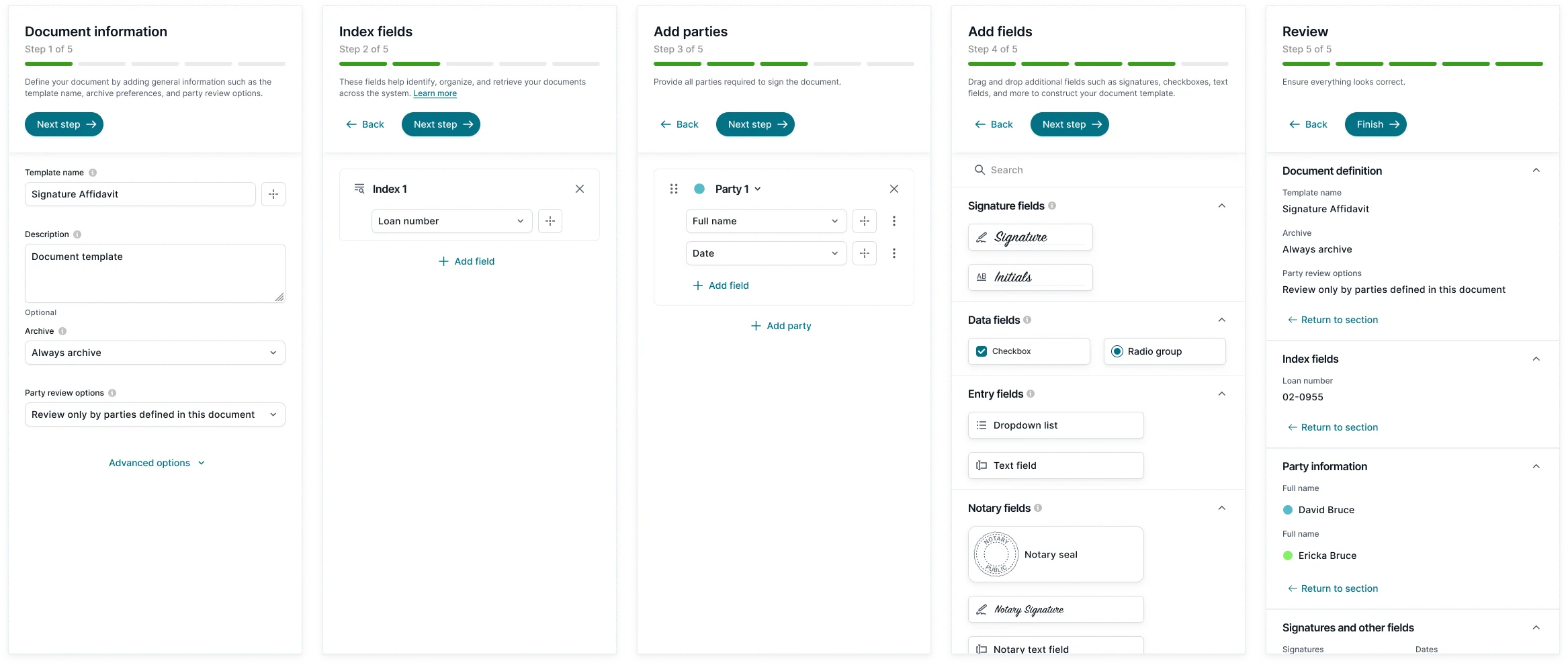The five step panels side by side: Document information, Index fields, Add parties, Add fields and Review, each with its step number, a five-segment progress bar, a one-line explanation and Back and Next step buttons.