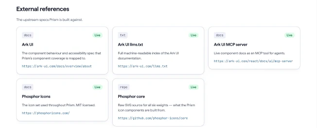 External references: five cards for Ark UI, Ark UI's llms.txt, the Ark UI MCP server, Phosphor Icons and Phosphor core, all marked Live.