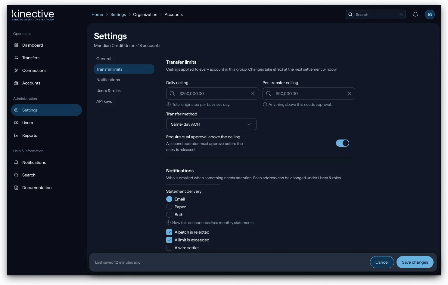 A Settings template in the dark theme: the kinective sidebar with Operations and Administration groups, a Transfer limits panel with daily and per-transfer ceilings, a transfer method dropdown, a dual-approval toggle, notification radio buttons and checkboxes, and Cancel and Save changes buttons.