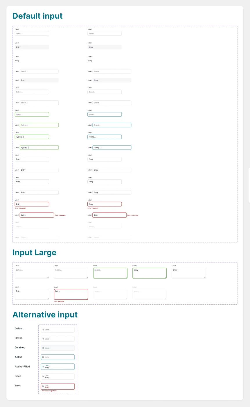 Prism 1.0's Inputs page: a Default input section of many small text fields in rows, an Input Large section, and an Alternative input section, with 11 overlapping component sets on one page.