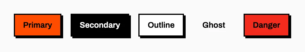 The Steelbook button in five tones (primary in orange, secondary in black, outline, ghost and danger in red), each with a hard offset shadow, on a light background.