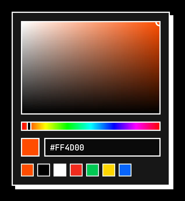The Steelbook colour picker in dark mode: a saturation field with a white ring thumb, a hue rail, a hex input and a row of preset swatches.