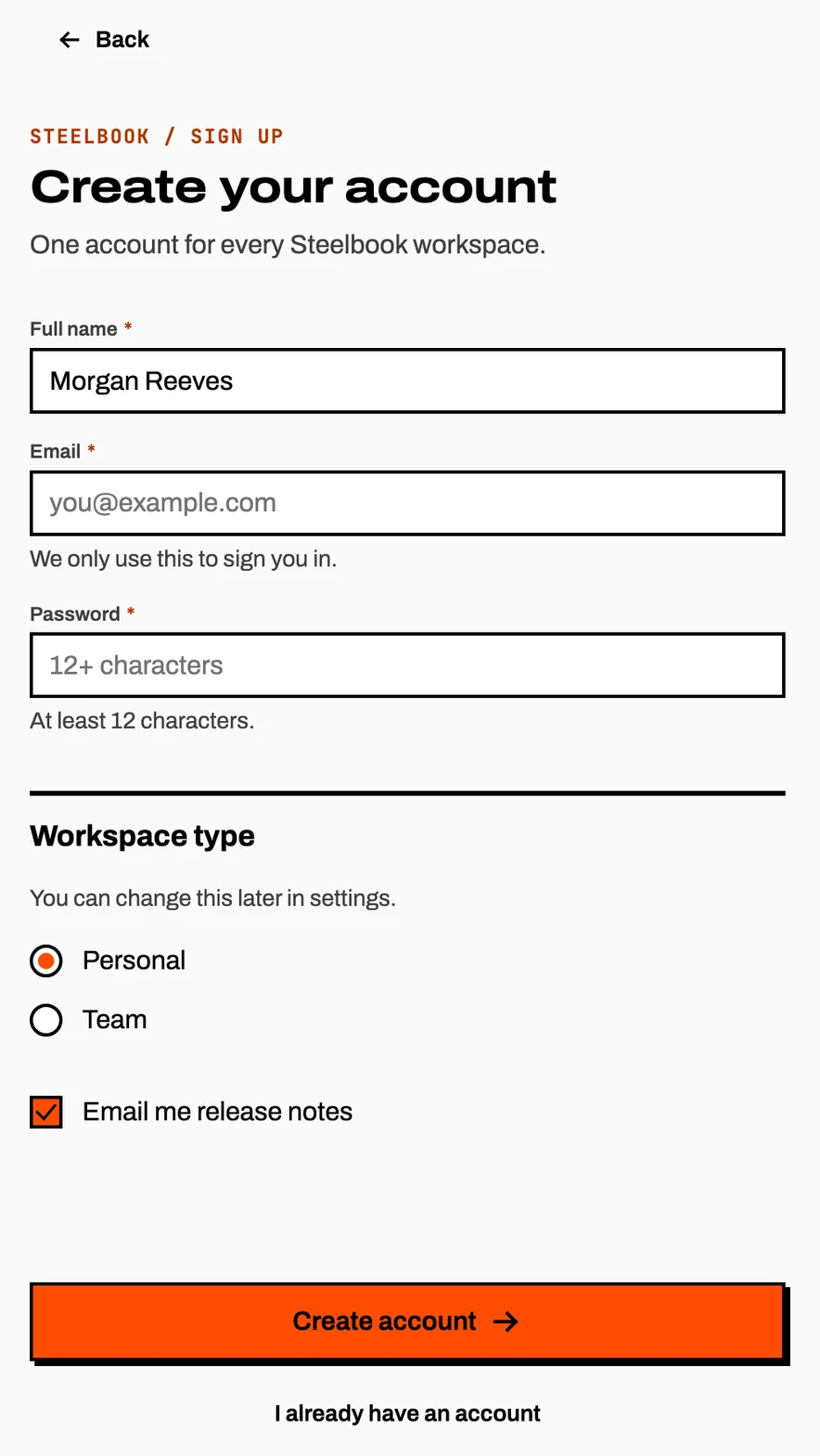 A mobile sign-up screen built from Steelbook components: name, email and password fields, a workspace-type radio group, a checkbox, and a full-width orange Create account button.